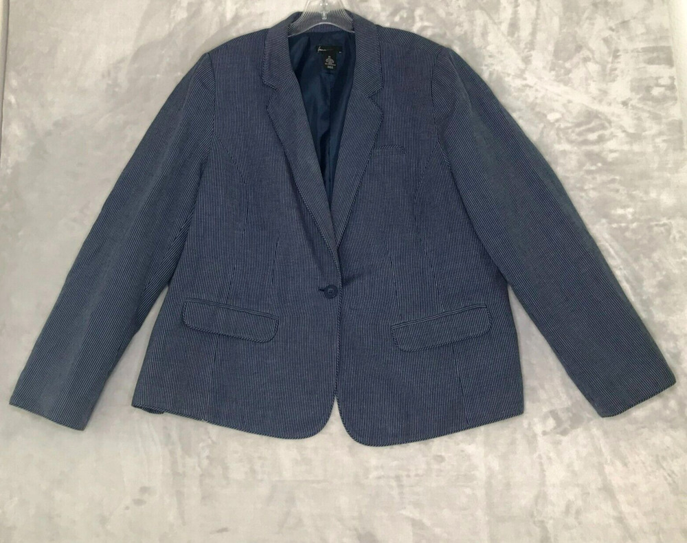 Lane Bryant Blazer Womens 24 Blue White Stripe Linen Blend Single Button Closure